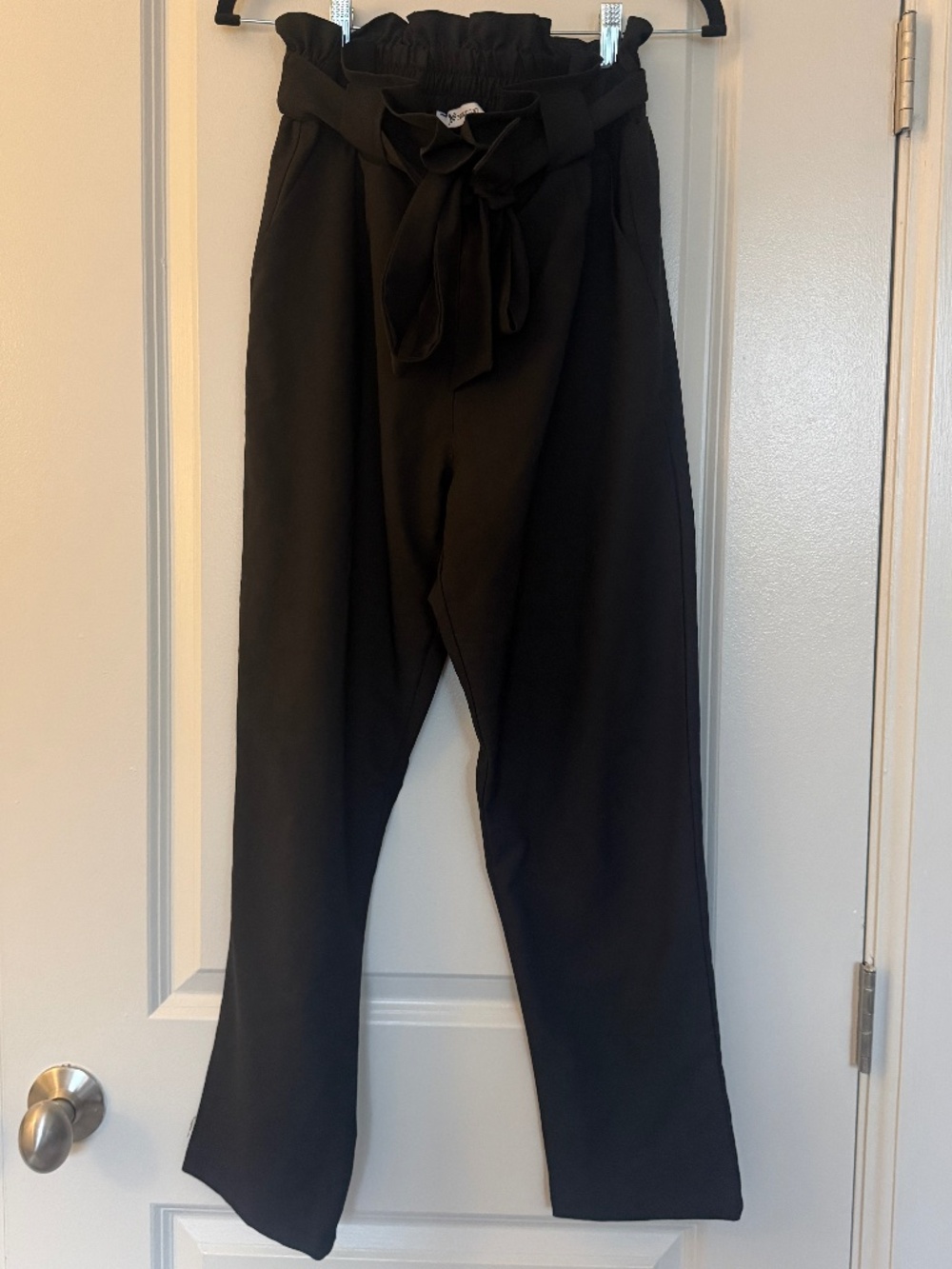Yidarton Black Paper Bag Waist Trousers - Size Medium - High Rise Tie Belt